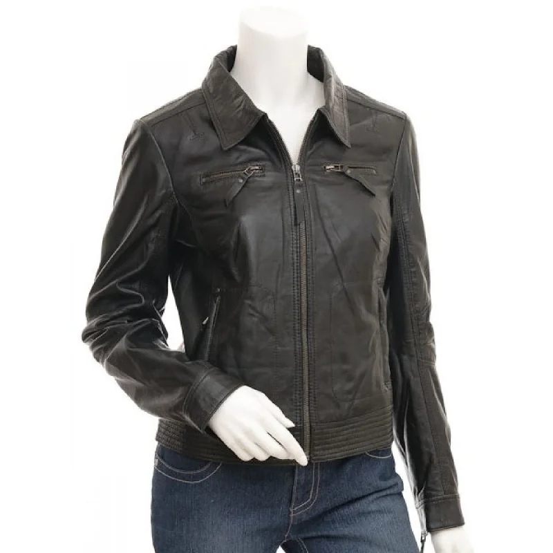 Brown Biker Real Lambskin Leather Jacket Zippered Jacket Buttoned Jacket Snapped Jacket
