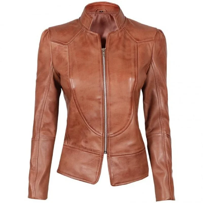 Brown Fitted Leather Jacket for Women Cardigan Sweater Pullover