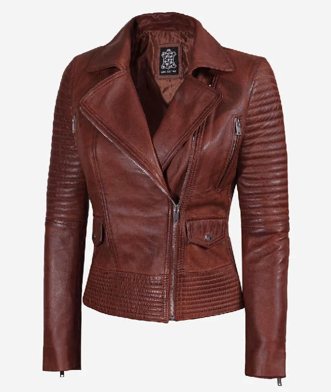 Brown Leather Biker Jacket  Women Asymmetrical Jacket Herringbone Jacket Houndstooth Jacket Plaid Jacket