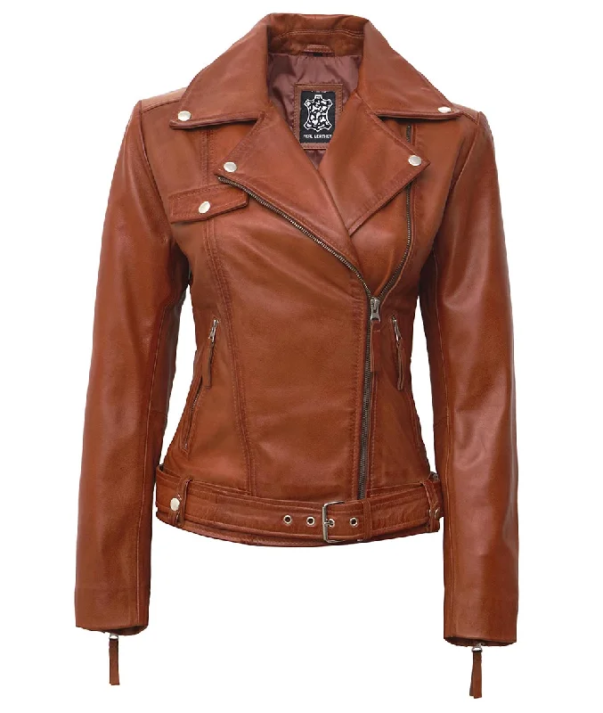 Brown Moto Leather Jacket Womens  Asymmetrical Style Welt Pockets Slit Pockets Flap Pockets