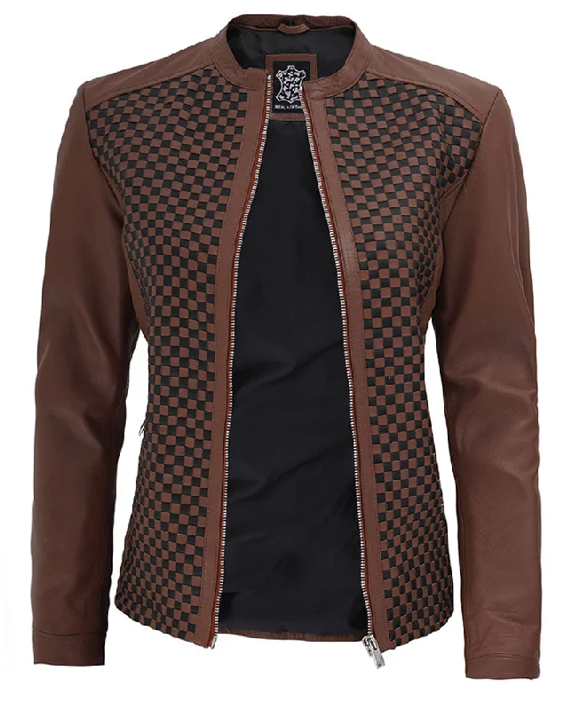 Brown Textured Leather Jacket - Women's Slim Fit Jacket Welt Pockets Slit Pockets Flap Pockets