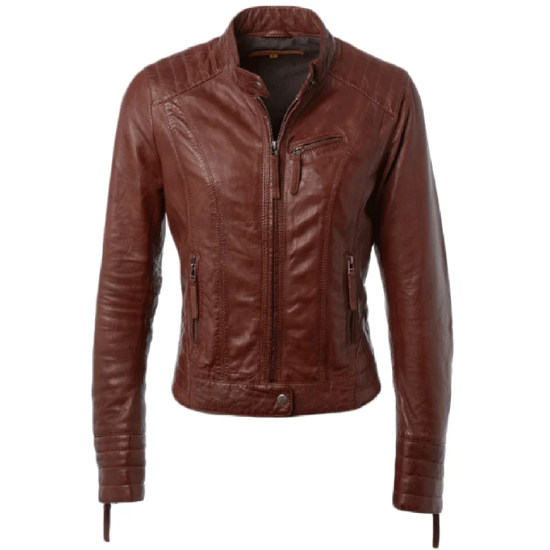 Brown Zipper Pockets with Lining Sheepskin Leather Jacket Women Stand-Up Collar Roll-Neck Collar Turtle Neck