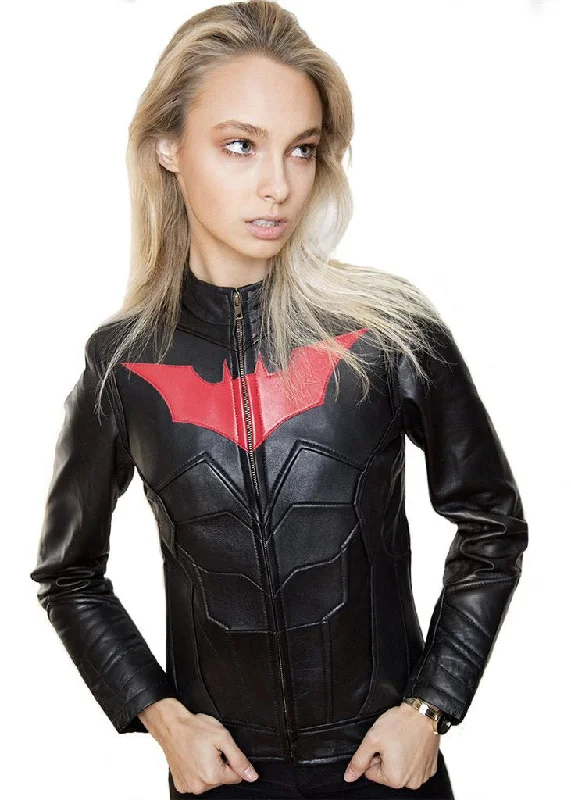 Womens Batman Leather Motorcycle Jacket Red Bat Embossed Anorak Shell Jacket Lightweight Jacket