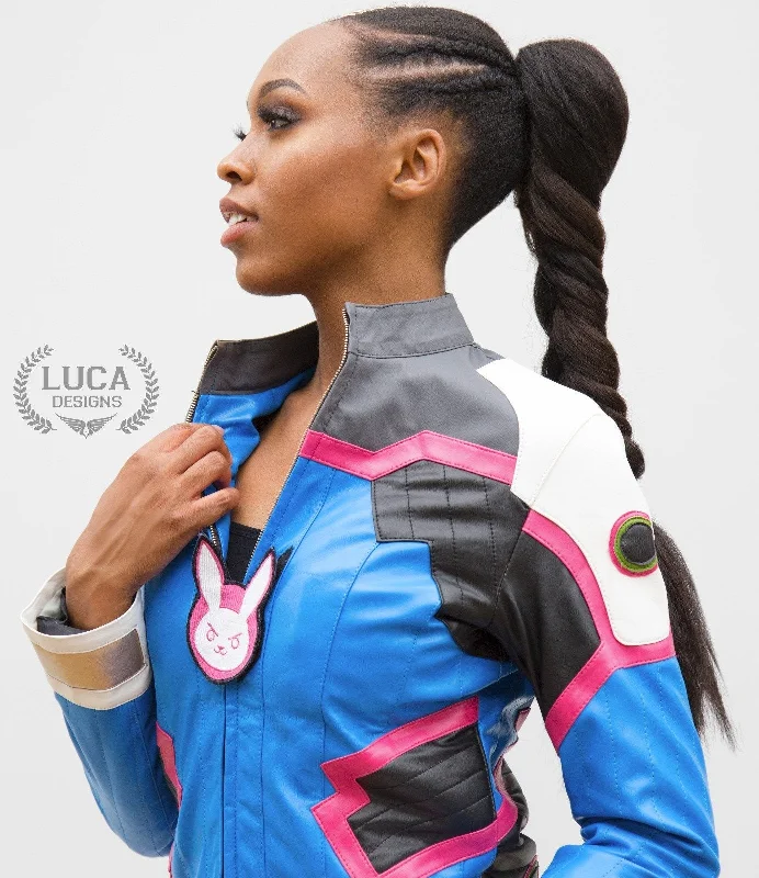 Women's D.Va Blue Leather Jacket Cotton Fabric Linen Fabric Terry Fabric