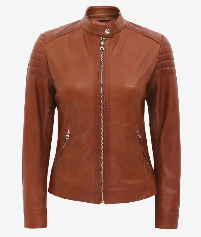 Cafe Racer Leather Jacket  Brown Womens Padded Jacket Fleece Jacket Down Jacket Parka