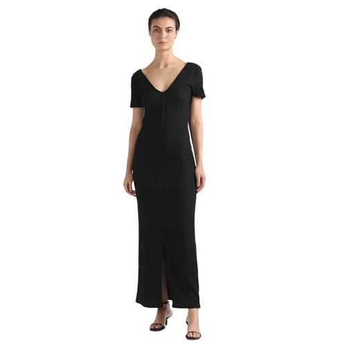 Calvin Klein Polyester Black Solid V Neck Short Sleeves Women Crinkle Maxi Dress (XS) Elegant Tiered Maxi Dress Calvin Klein Polyester Black Solid V Neck Short Sleeves Women Crinkle Maxi Dress (XS) Elegant Tiered Maxi Dress