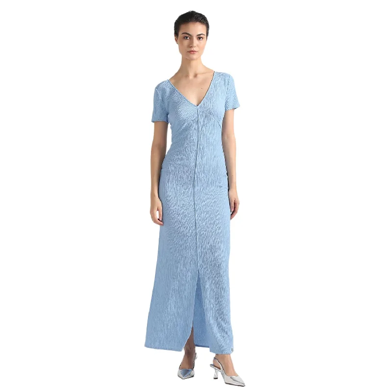 Calvin Klein Polyester Blue Solid V Neck Short Sleeves Women Crinkle Maxi Dress (S) Stylish Boho Maxi Dress Calvin Klein Polyester Blue Solid V Neck Short Sleeves Women Crinkle Maxi Dress (S) Stylish Boho Maxi Dress