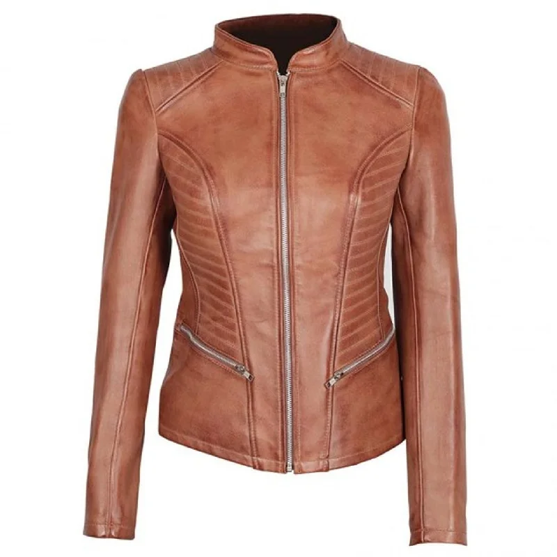 Camel Brown Leather Jacket for Women Herringbone Jacket Houndstooth Jacket Plaid Jacket