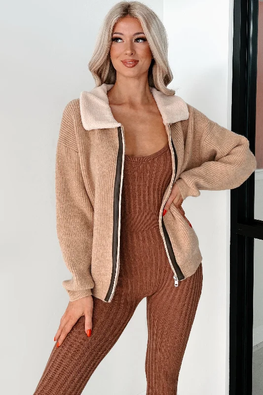Cappuccino Cozy Sherpa Collar Sweater Jacket (Taupe) Stand-Up Collar Roll-Neck Collar Turtle Neck