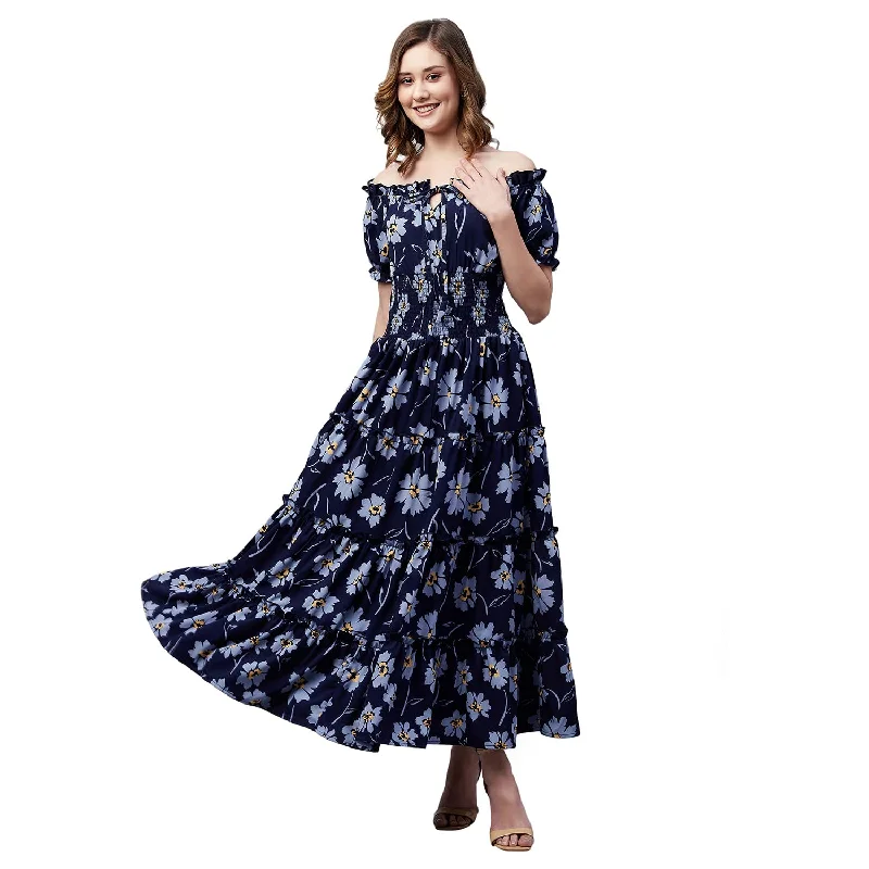 Carlton London Women's Crepe Fit and Flare Maxi Dress (CL657_Navy Blue_L) Trendy Floral Print Maxi Dress Carlton London Women's Crepe Fit and Flare Maxi Dress (CL657_Navy Blue_L) Trendy Floral Print Maxi Dress