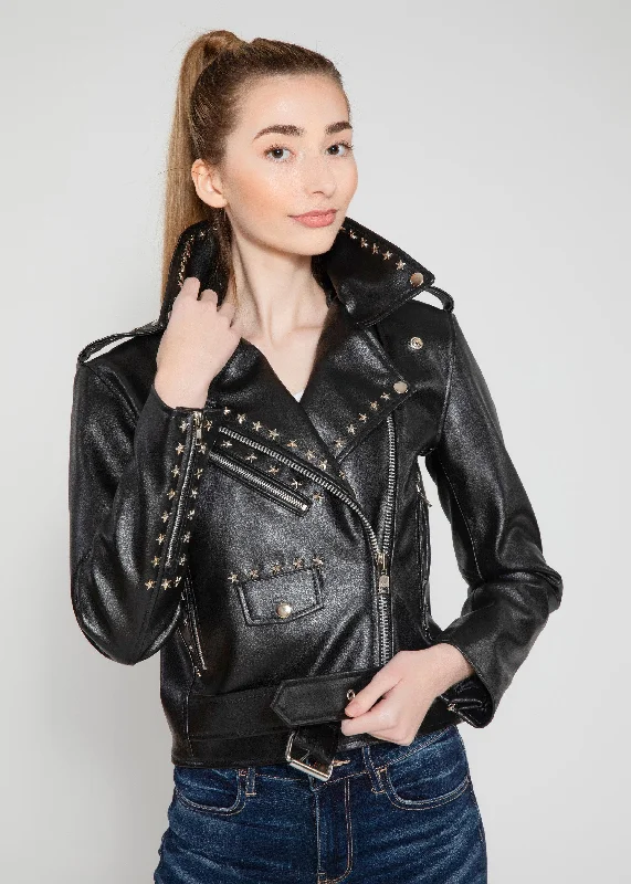 Women's Vegan Star Studded Black Moto Style Faux Leather Jacket Welt Pockets Slit Pockets Flap Pockets