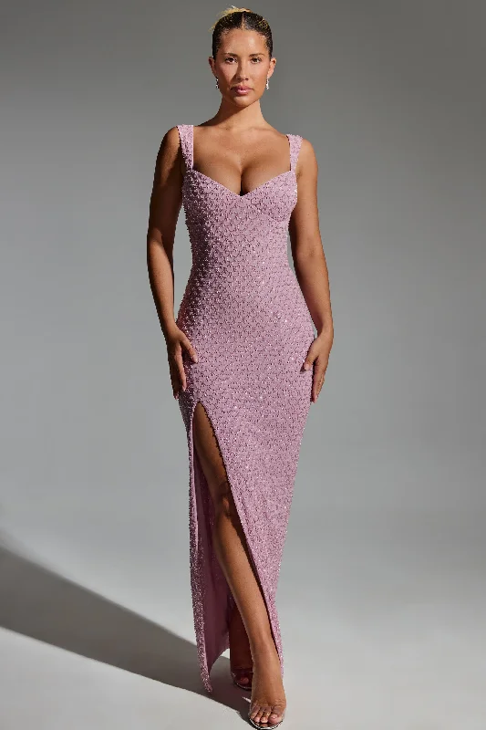 Embellished Open-Back Maxi Dress in Mauve Comfortable Fit-and-Flare Maxi Dress