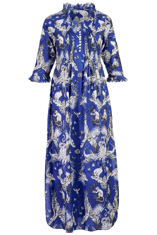 Cotton Annabel Maxi Dress in Royal Blue Tropical Trendy Satin Maxi Dress