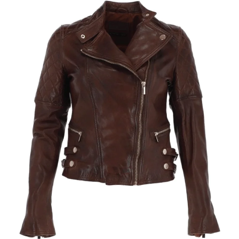 Dark Brown Biker Sheepskin Leather Jacket Women Bomber Jacket Anorak Windbreaker