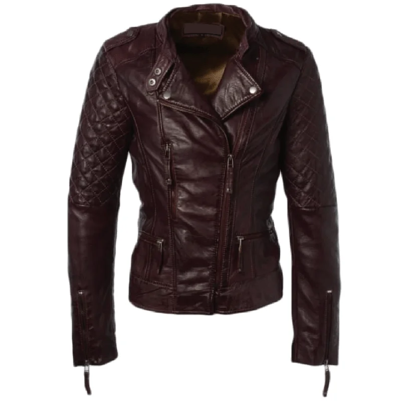 Dark Brown Zipper Pockets with Lining Sheepskin Leather Jacket Women Cotton Fabric Linen Fabric Terry Fabric