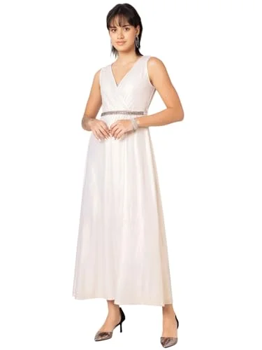 Faballey Women's Poly Lycra Ivory Metallic Wrap Maxi Dress with Embellished Belt (DRS06404_White Stylish Longline Maxi Dress Faballey Women's Poly Lycra Ivory Metallic Wrap Maxi Dress with Embellished Belt (DRS06404_White Stylish Longline Maxi Dress