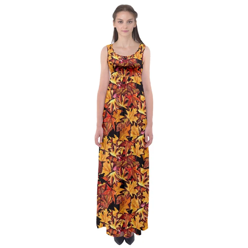 Fall Leaves Pattern Empire Waist Maxi Dress Cozy Knitted Maxi Dress