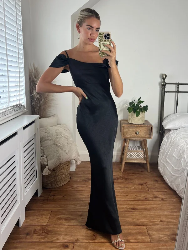 Felicity Cold Shoulder Satin Maxi Dress / Black Classic Tulle Maxi Dress