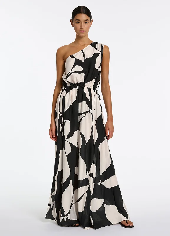 Fiore One Shoulder Maxi Dress - Black Trendy Printed Maxi Dress