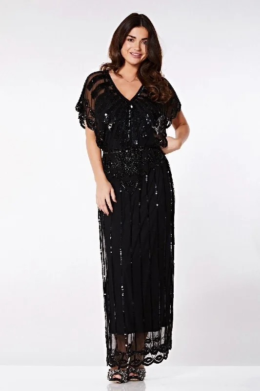 Gatsby Style Maxi Dress in Black Elegant Maxi Dress with Drapes