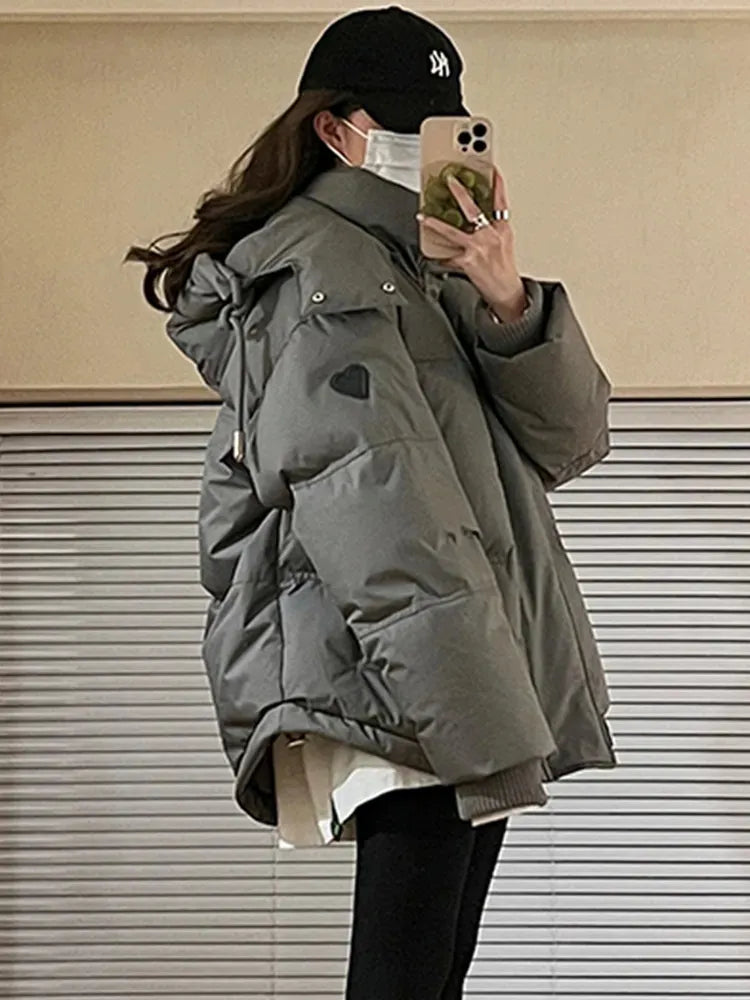 Getadme-Gery Down Cotton Jacket Women Hooded Parkas Winter Padded Coat Thick Warm Love Embroidery Loose Puffer Female Snow Outwear Notch Collar Peter Pan Collar Cowl Neck