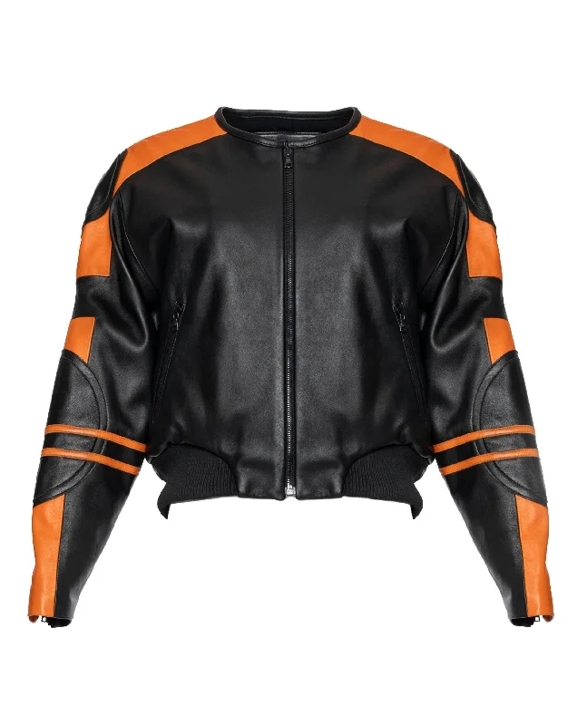 BLACK & ORANGE LEATHER RACER BOMBER JACKET 003 Knit Jacket Woven Jacket Fleece Jacket