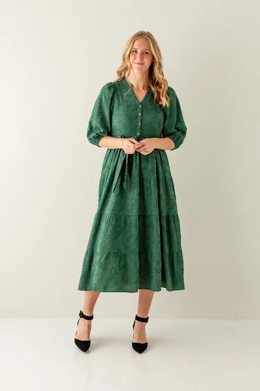 'Holly' Textured Button Front Tiered Maxi Dress in Hunter Green Stylish Pleated A-Line Maxi Dress 'Holly' Textured Button Front Tiered Maxi Dress in Hunter Green Stylish Pleated A-Line Maxi Dress