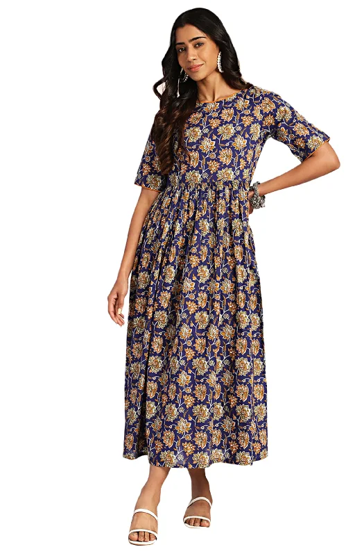 Janasya Women's Dark Blue Cotton Floral Printed Gathered Maxi Dress(JNE4369-DR-M) Chic Off-Shoulder Maxi Dress Janasya Women's Dark Blue Cotton Floral Printed Gathered Maxi Dress(JNE4369-DR-M) Chic Off-Shoulder Maxi Dress