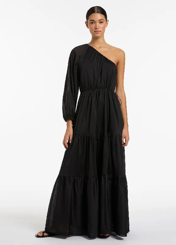 Jetset One Shoulder Maxi Dress  - Black Fashionable Faux Wrap Maxi Dress