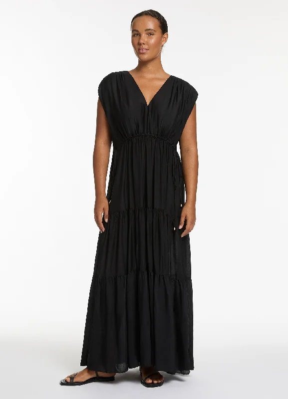 Jetset Tiered Maxi Dress - Black Elegant Floral Maxi Dress