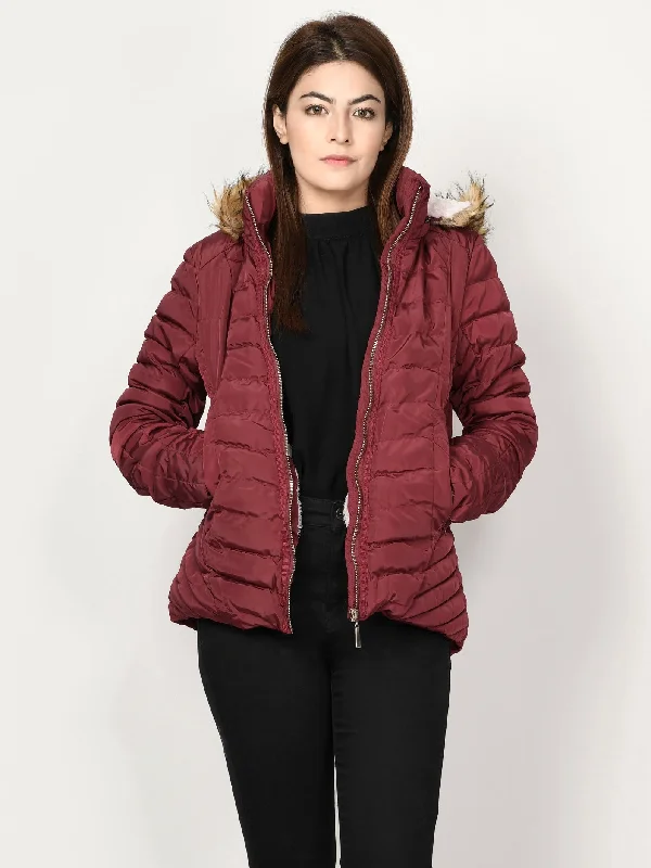 Faux Fur Puffer Jacket - Maroon Tiered Jacket Buttoned Jacket Zippered Jacket