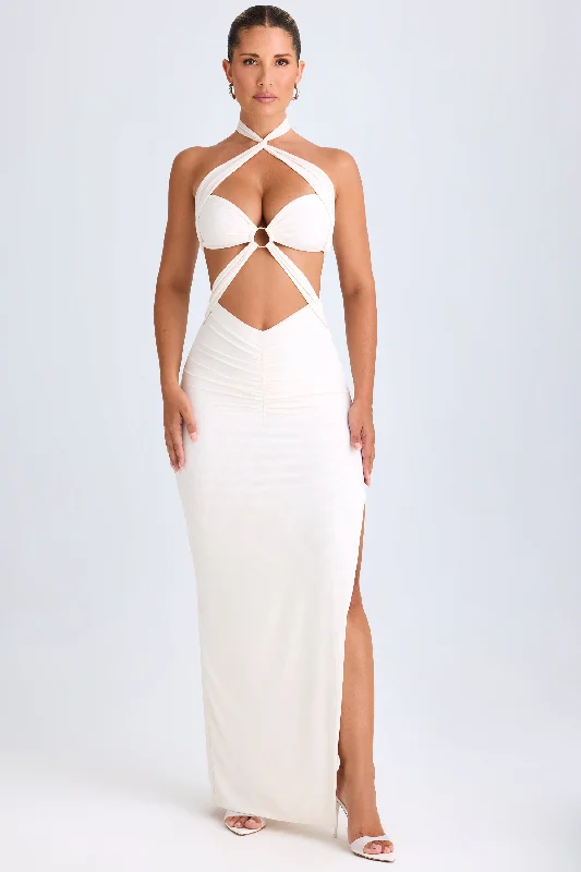 Cut-Out Ruched Halterneck Maxi Dress in White Trendy Maxi Dress with Bow