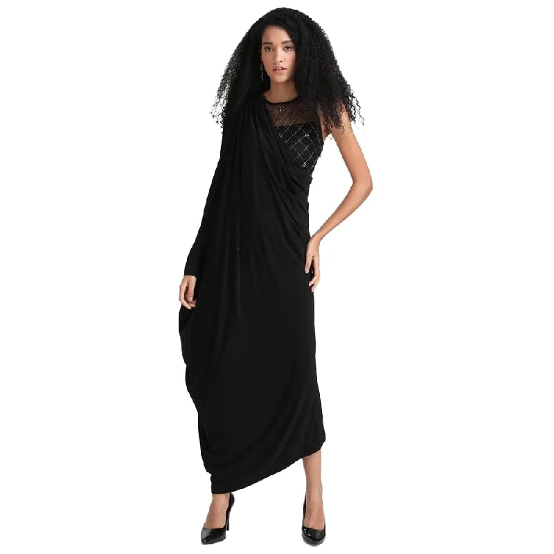 Kazo Embellished Polyester Blend Round Neck Women's Maxi Dress (Black,Medium) Comfortable Fitted Maxi Dress