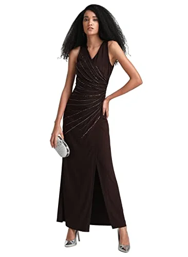 Kazo Embellished Polyester Blend V Neck Women's Maxi Dress (Brown,Extra Small) Stylish Maxi Dress with Pleats Kazo Embellished Polyester Blend V Neck Women's Maxi Dress (Brown,Extra Small) Stylish Maxi Dress with Pleats