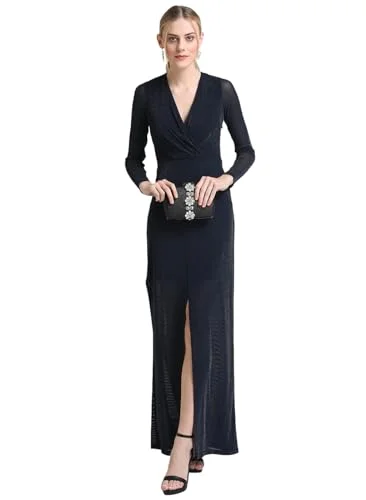 Kazo Women's Polyester Fit and Flare Maxi Dress (124173NVYBLS_Navy Blue Elegant Maxi Dress with Drapes Kazo Women's Polyester Fit and Flare Maxi Dress (124173NVYBLS_Navy Blue Elegant Maxi Dress with Drapes