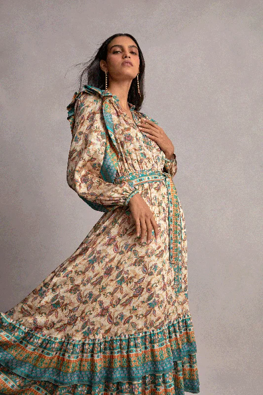 Autumnal Border Print Maxi Dress Fashionable Off-Shoulder Maxi Dress