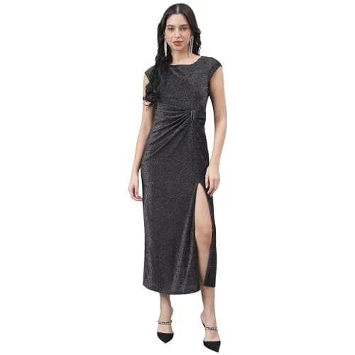 Latin Quarters Women Black Cap Sleeve Round Neck Maxi Dress Elegant Wraparound Maxi Dress
