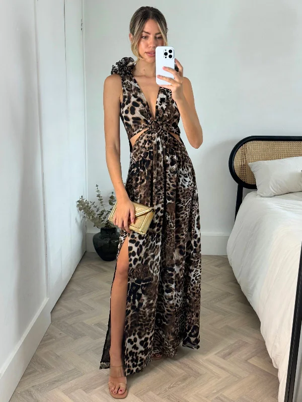 Layla Maxi dress with shoulder corsage / Animal print Elegant Lace Maxi Dress