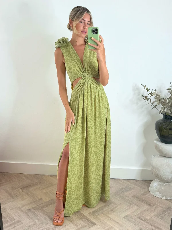Layla Maxi dress with shoulder corsage / Green Animal Stylish Boho Chic Maxi Dress