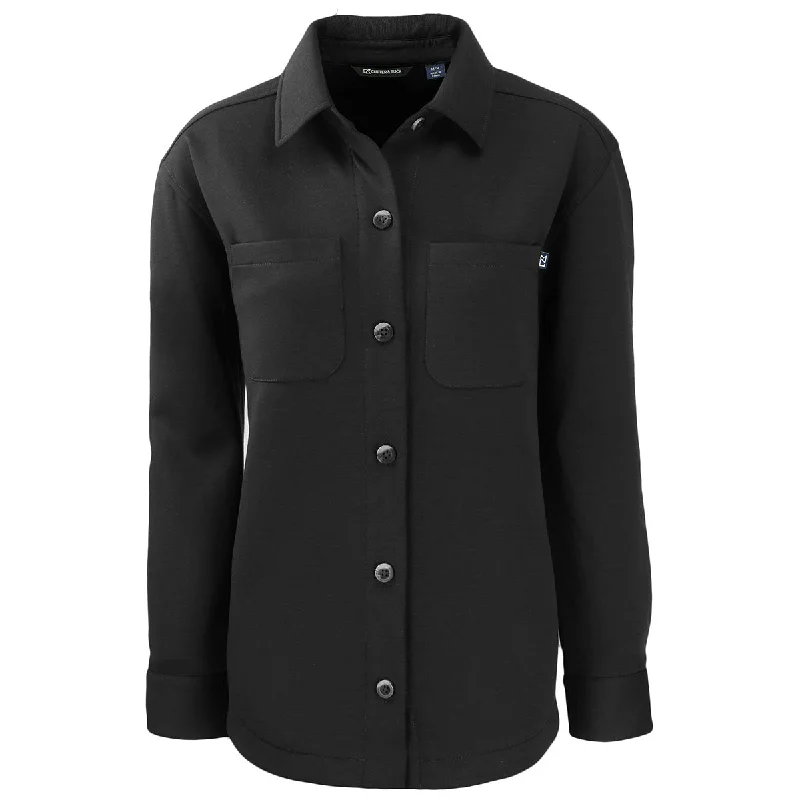 Cutter & Buck Women's Black Roam Eco Knit Shirt Jacket Notch Collar Peter Pan Collar Cowl Neck