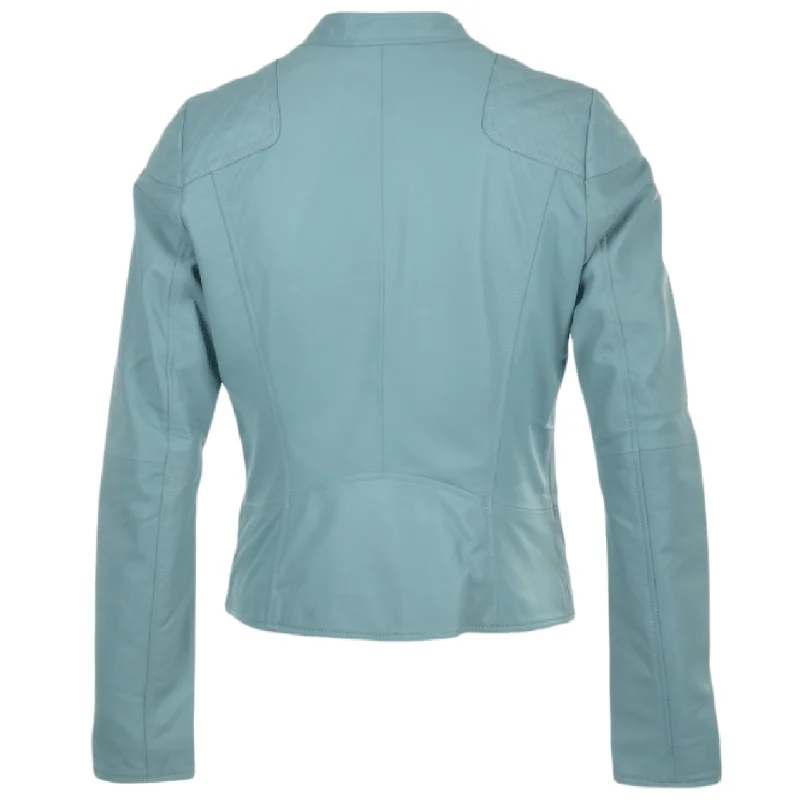 Light Blue Quilted with Lining Sheepskin Leather Jacket Women One-Shoulder Jacket Off-the-Shoulder Jacket Asymmetrical Jacket