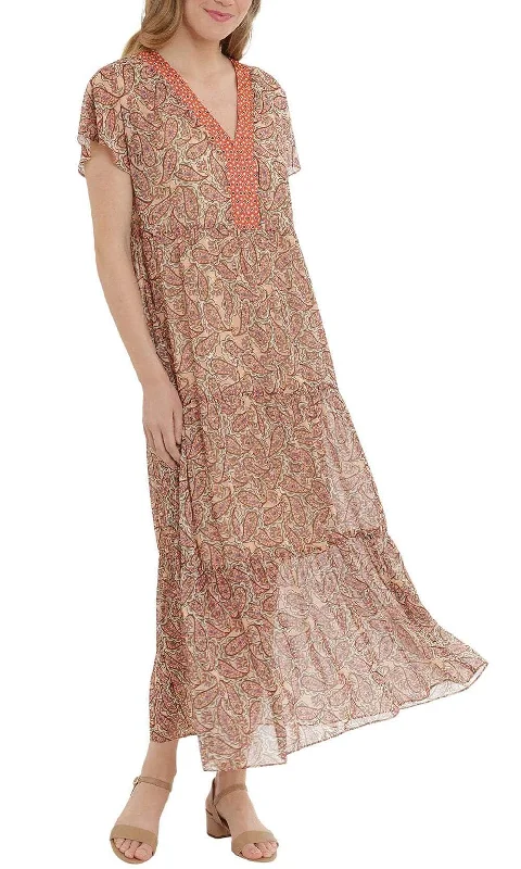 London Times T5789M - Paisley Print Maxi Dress Comfortable Pleated Maxi Dress
