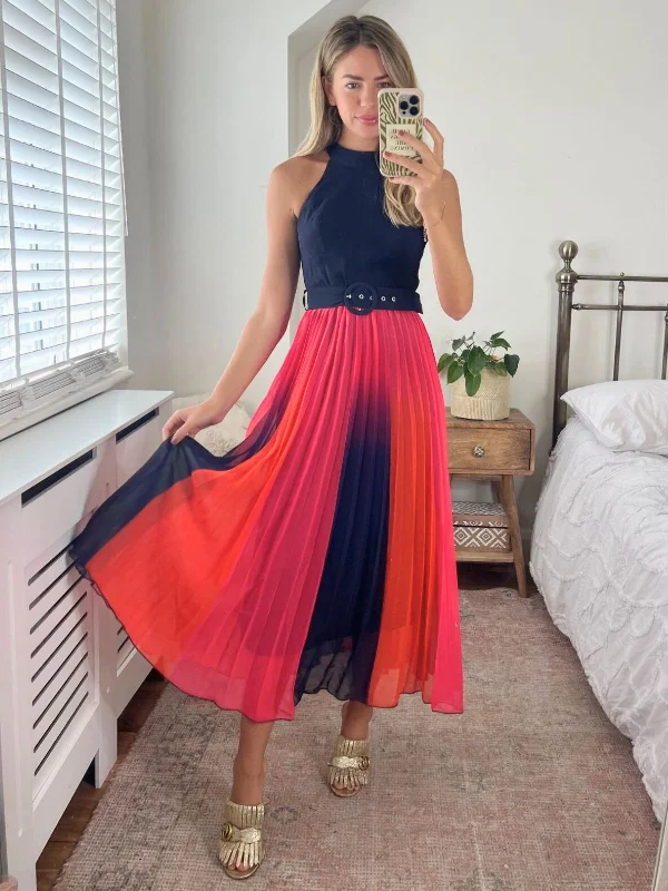 Luisa Belted Pleated Maxi Dress / Navy & Orange Ombre Fashionable Sheer Maxi Dress