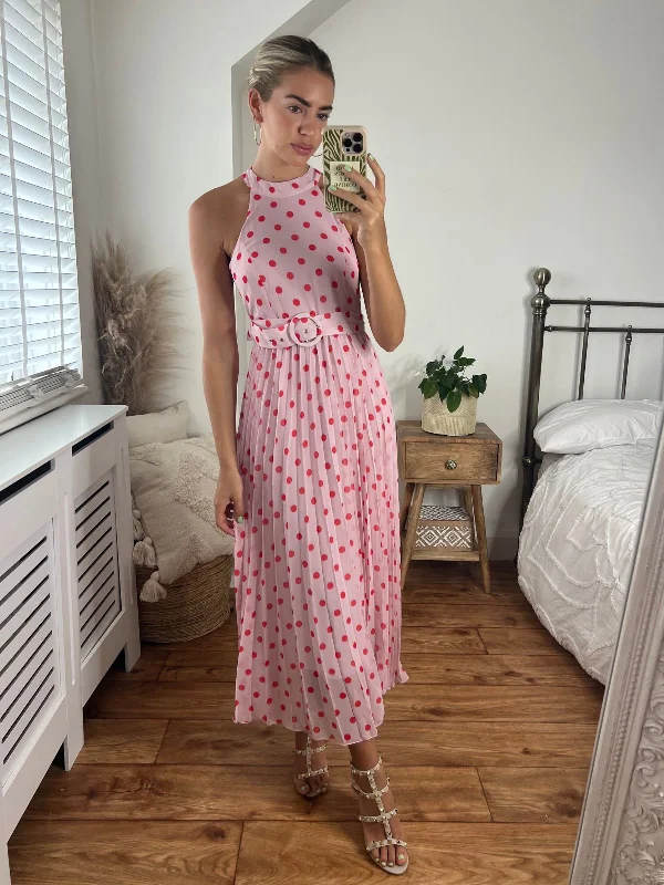 Luisa Belted Pleated Maxi Dress / Pink And Red Spot Print Stylish Off-Shoulder Maxi Dress
