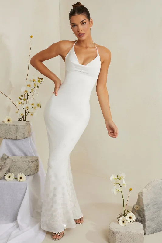 Cowl Neck Embellished Satin Maxi Dress in White Stylish Longline Maxi Dress