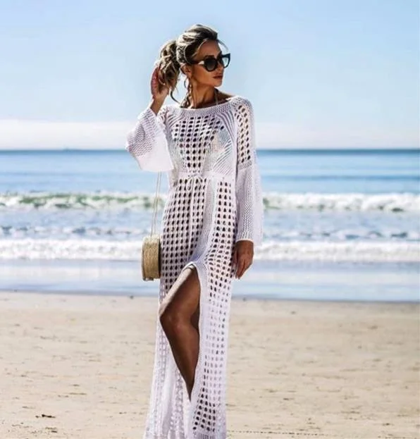 Maryam Cotton Sheer Crochet Maxi Dress - White Trendy Floral Print Maxi Dress