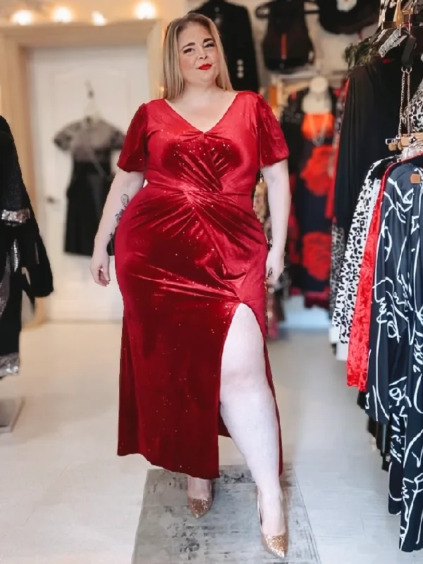 Maud Plus Size Velvet Sparkle Maxi Dress Elegant Lace-Up Maxi Dress