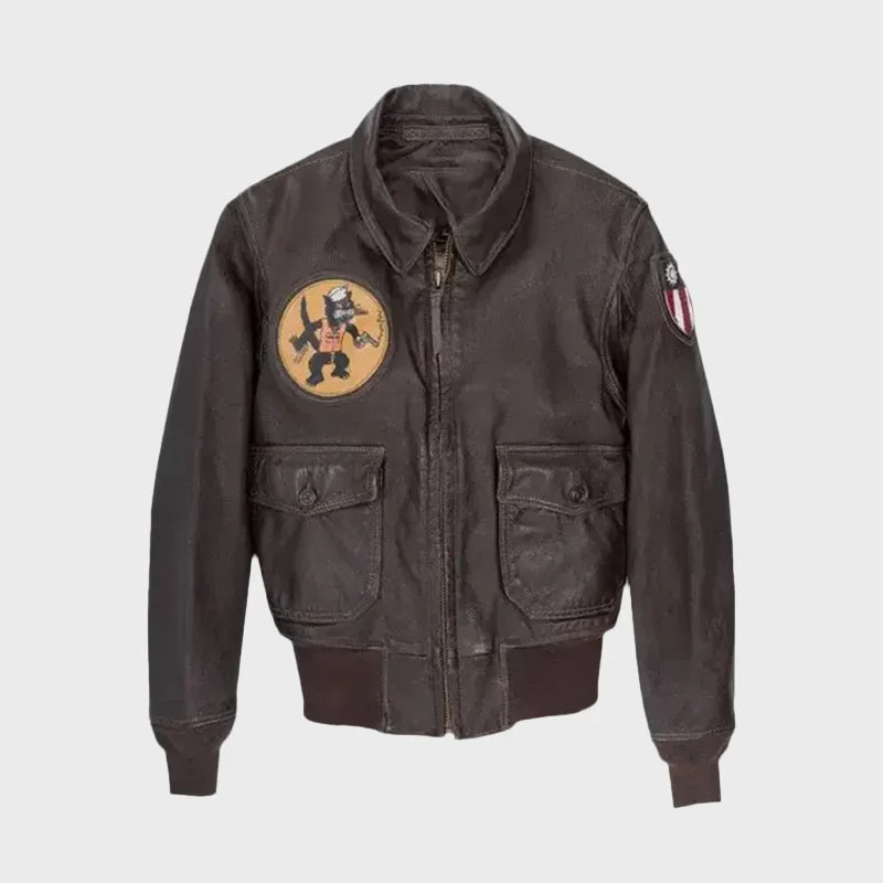 Men’s Black Eagle USN G-1 Flight Bomber Leather Jacket Zippered Front Buttoned Front Snap Front