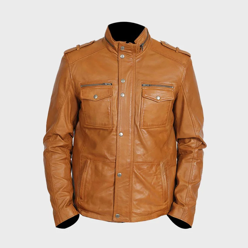 Men's Marcus Tan Biker Leather Jacket Faux Fur Fabric Real Fur Fabric Shearling Fabric