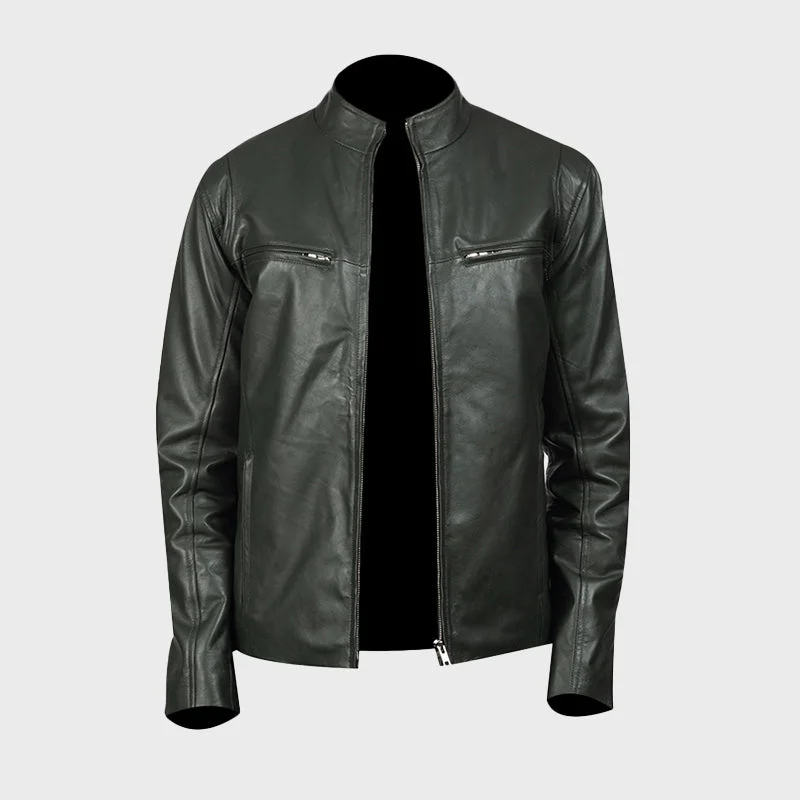 Men's Green Biker Leather Jacket Fleece Jacket Down Jacket Parka